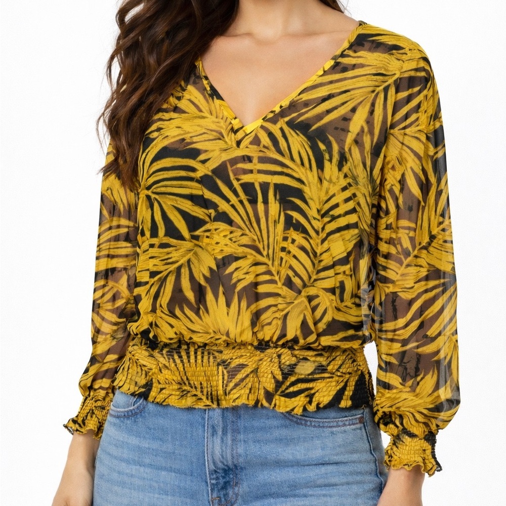 H&M‎ Yellow Palm Print Sheer Blouse Size 6